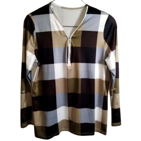 Plaid Color Block Womens 3/4 Zip Long Sleeve Roll up Blouse XL - Picture 1 of 6